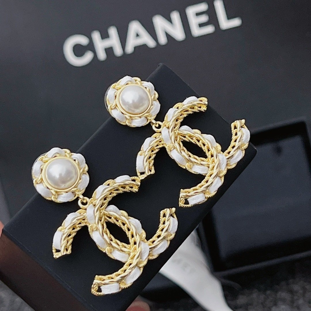 Ch**el White Leather And Gold Metal Earrings