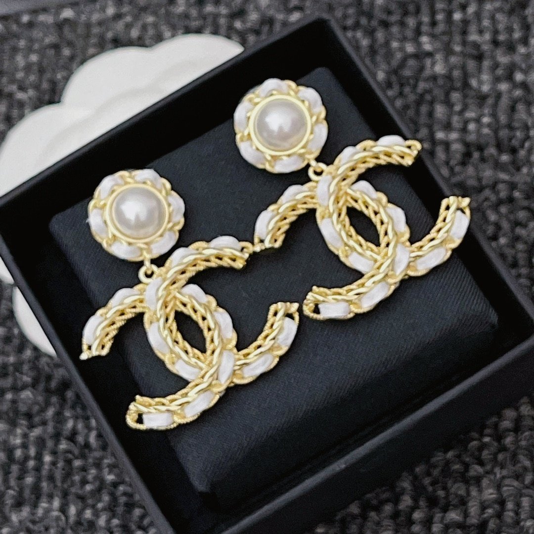 Ch**el White Leather And Gold Metal Earrings