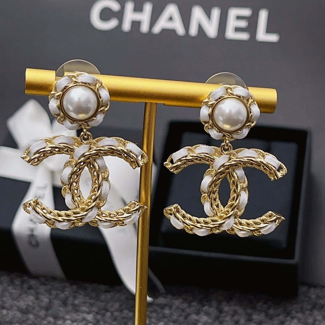 Ch**el White Leather And Gold Metal Earrings