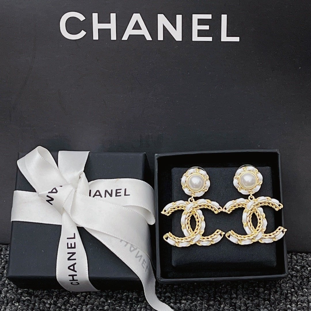 Ch**el White Leather And Gold Metal Earrings