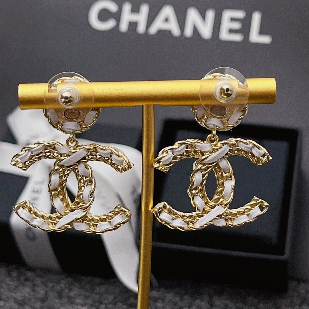 Ch**el White Leather And Gold Metal Earrings