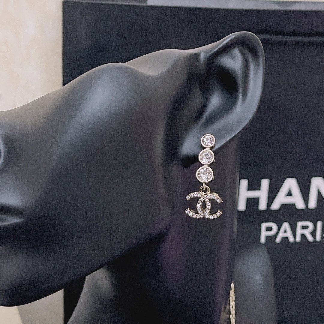 Ch**el Crystal Cc Drop Earrings Gold