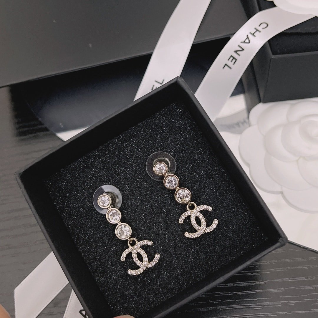 Ch**el Crystal Cc Drop Earrings Gold