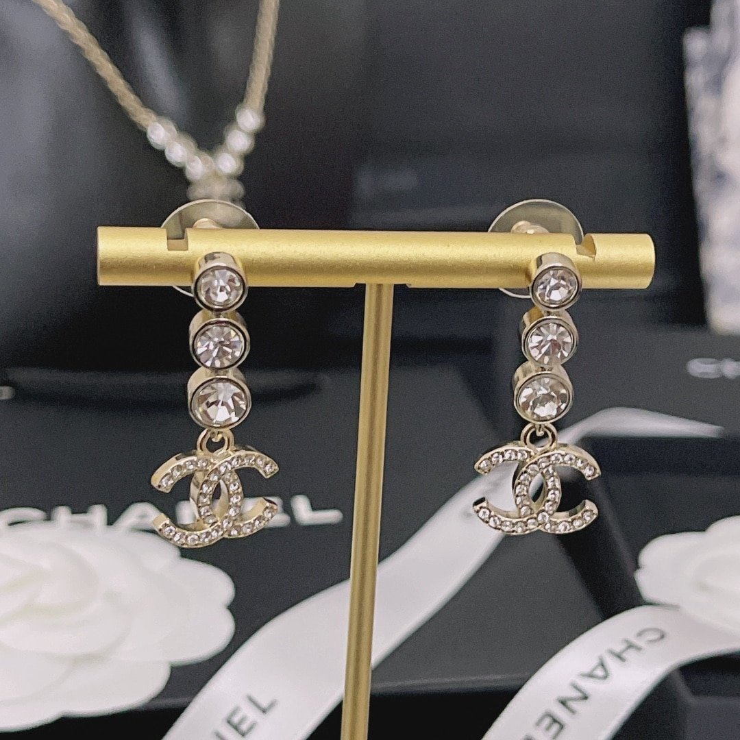 Ch**el Crystal Cc Drop Earrings Gold