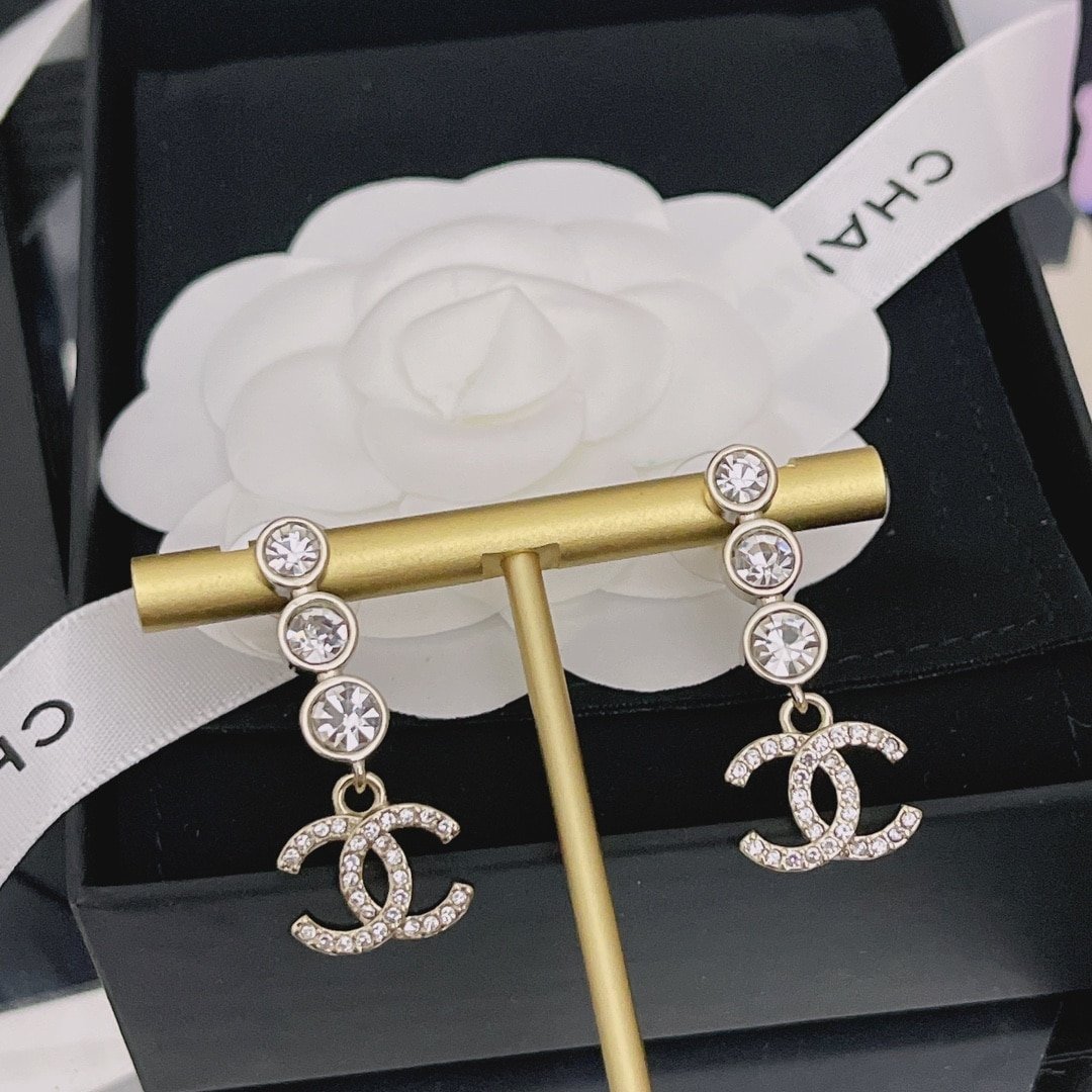 Ch**el Crystal Cc Drop Earrings Gold