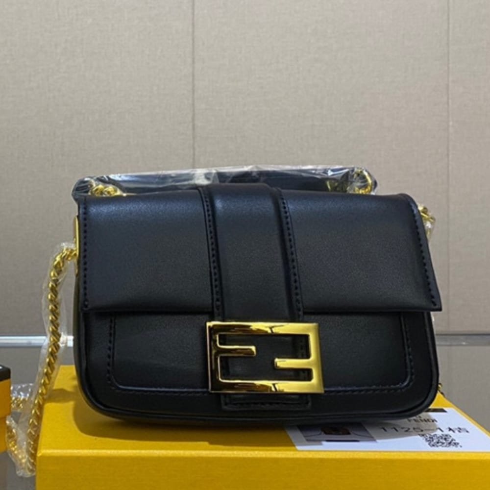 F**di Women Mini Baguette Chain Shoulder Bag Black 19Cm