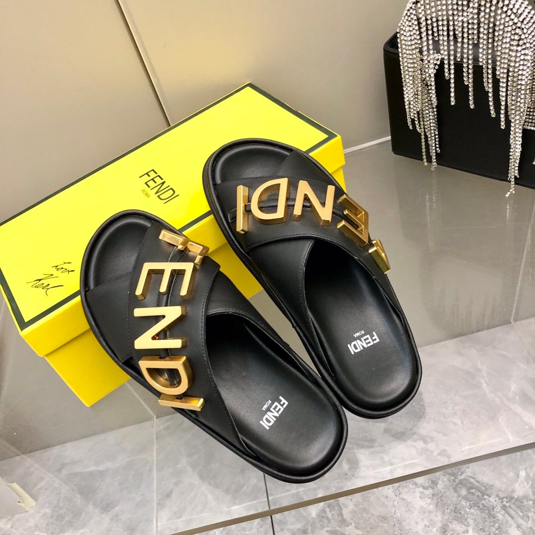 F**di F**digraphy Leather Slides Black 8X8289Ai1Rf1H1K