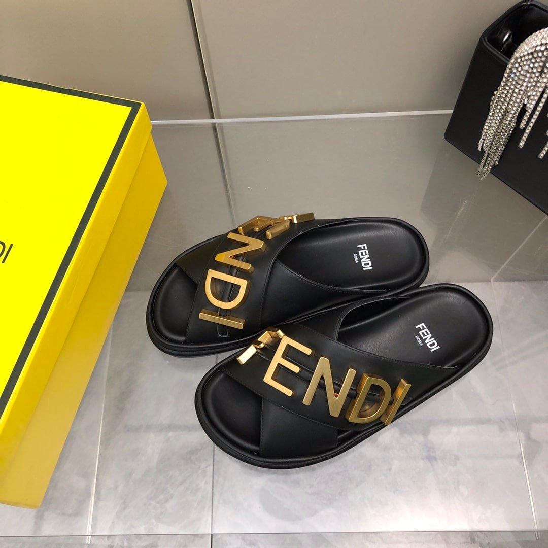 F**di F**digraphy Leather Slides Black 8X8289Ai1Rf1H1K
