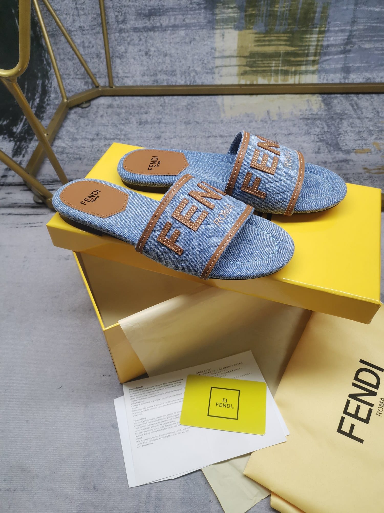 F**di Signature Light Blue Denim Slides