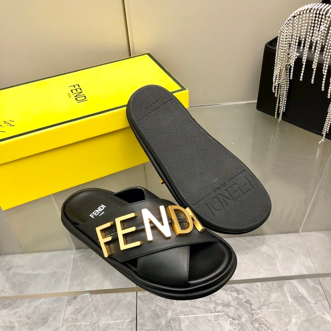 F**di F**digraphy Leather Slides Black 8X8289Ai1Rf1H1K