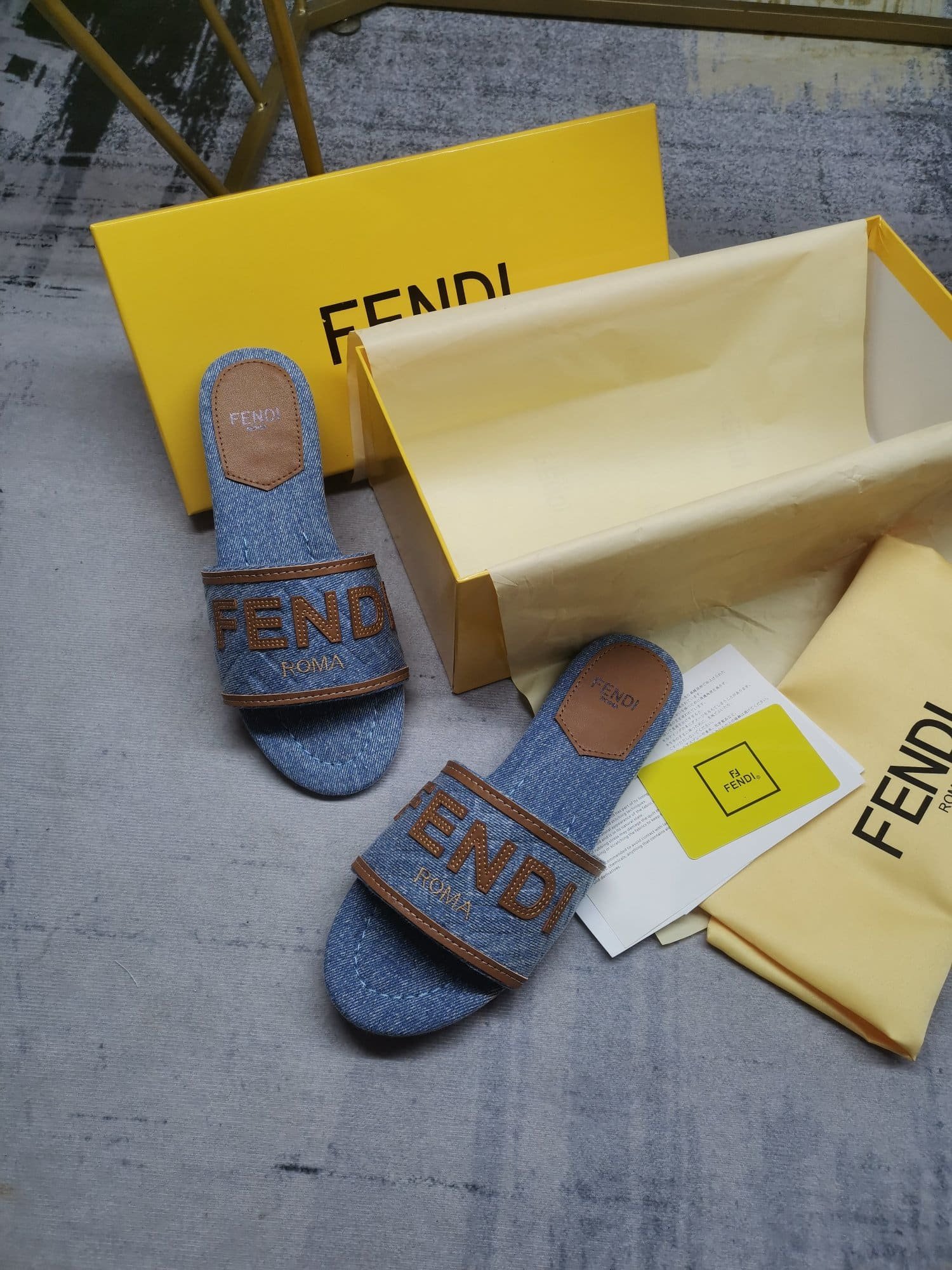 F**di Signature Light Blue Denim Slides