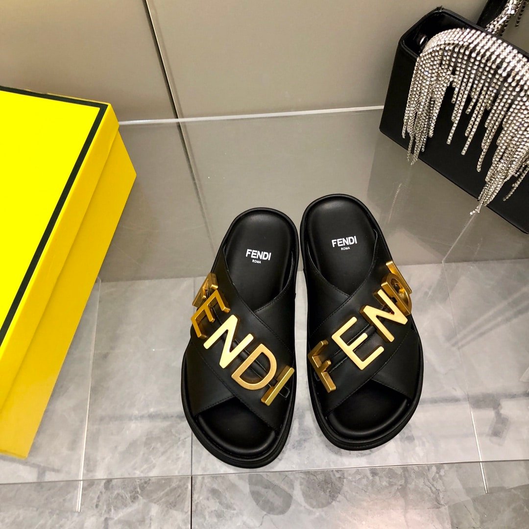 F**di F**digraphy Leather Slides Black 8X8289Ai1Rf1H1K