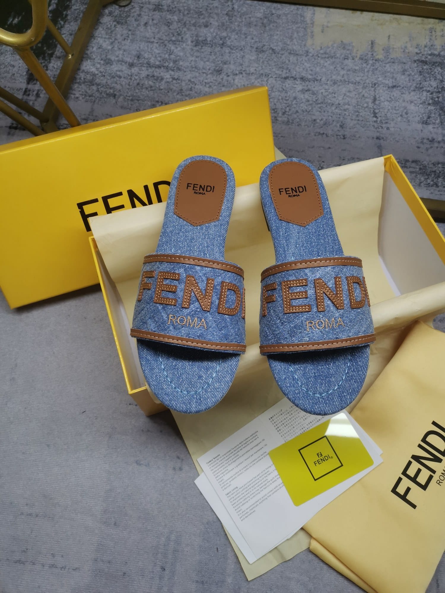 F**di Signature Light Blue Denim Slides