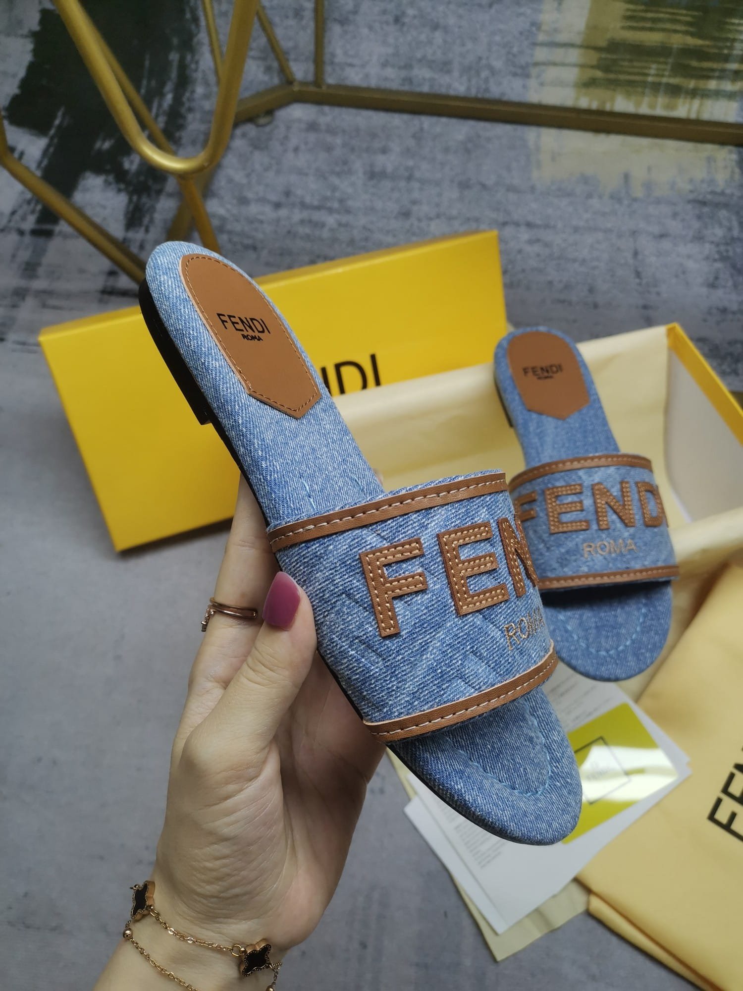 F**di Signature Light Blue Denim Slides