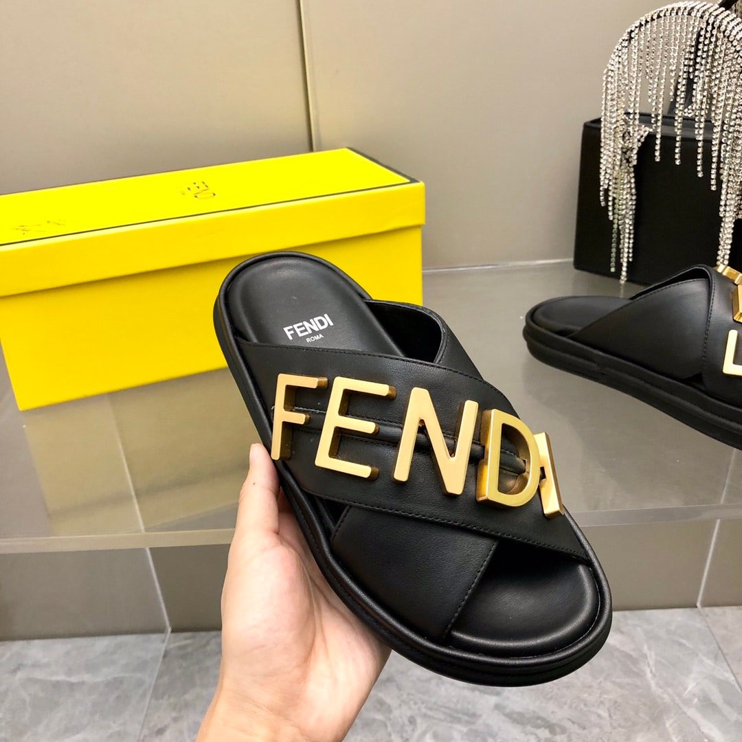 F**di F**digraphy Leather Slides Black 8X8289Ai1Rf1H1K