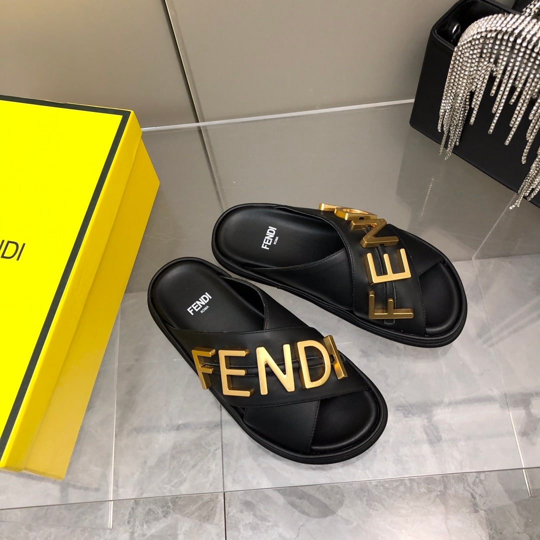 F**di F**digraphy Leather Slides Black 8X8289Ai1Rf1H1K