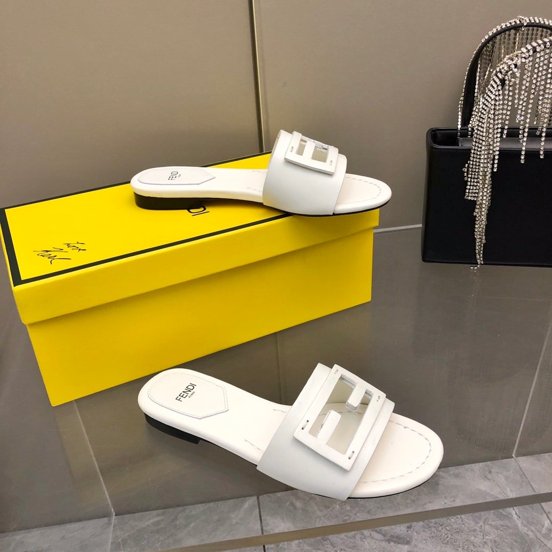 F**di Baguette White Leather Slides