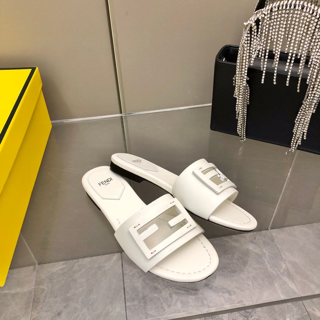 F**di Baguette White Leather Slides