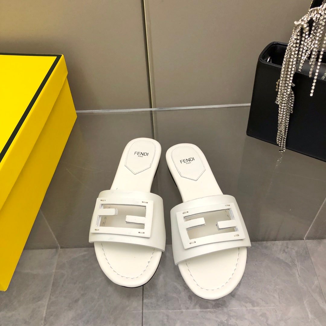 F**di Baguette White Leather Slides