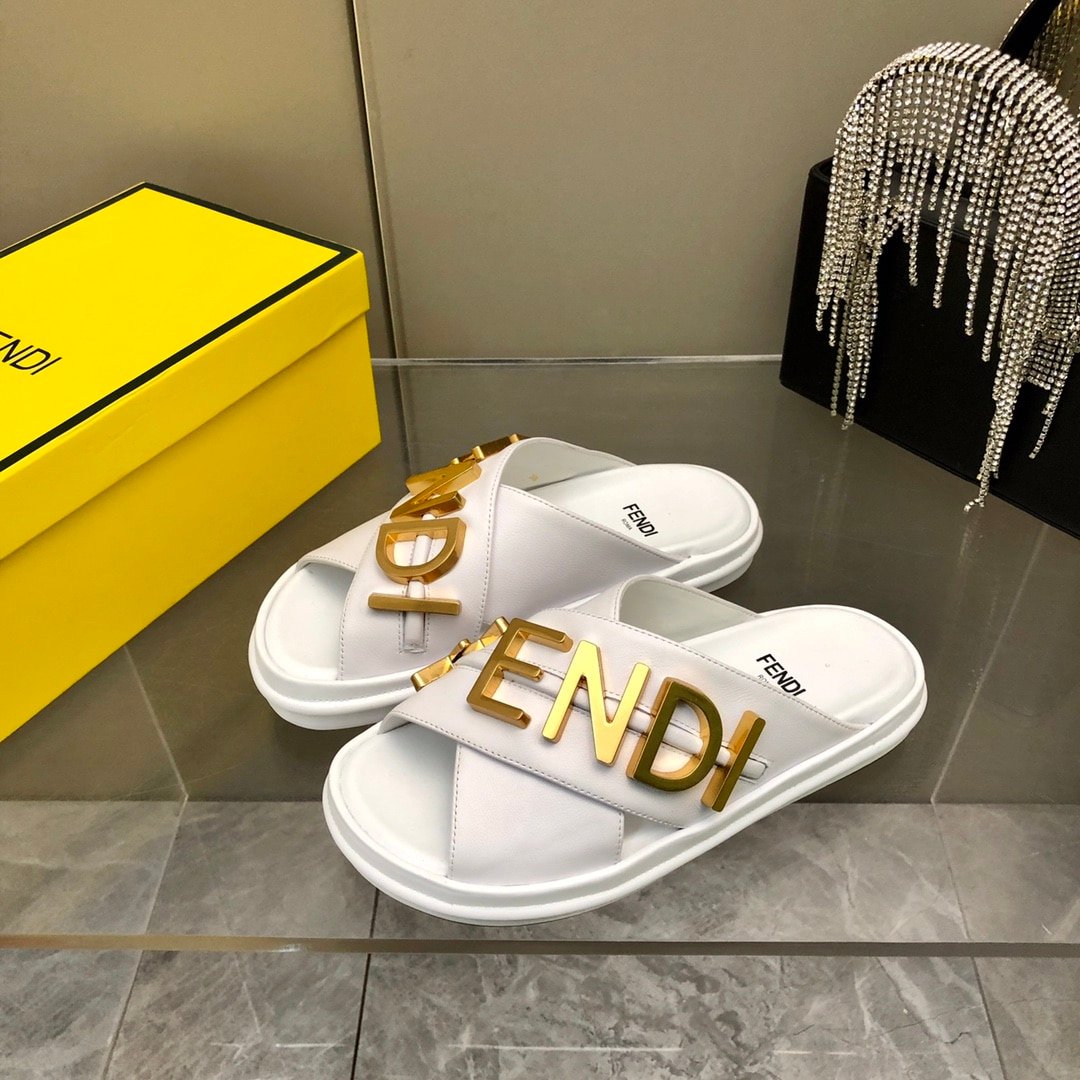F**di F**digraphy Leather Slides White