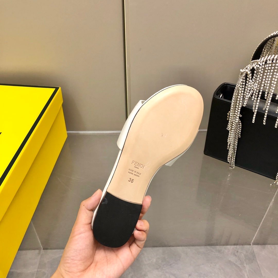 F**di Baguette White Leather Slides