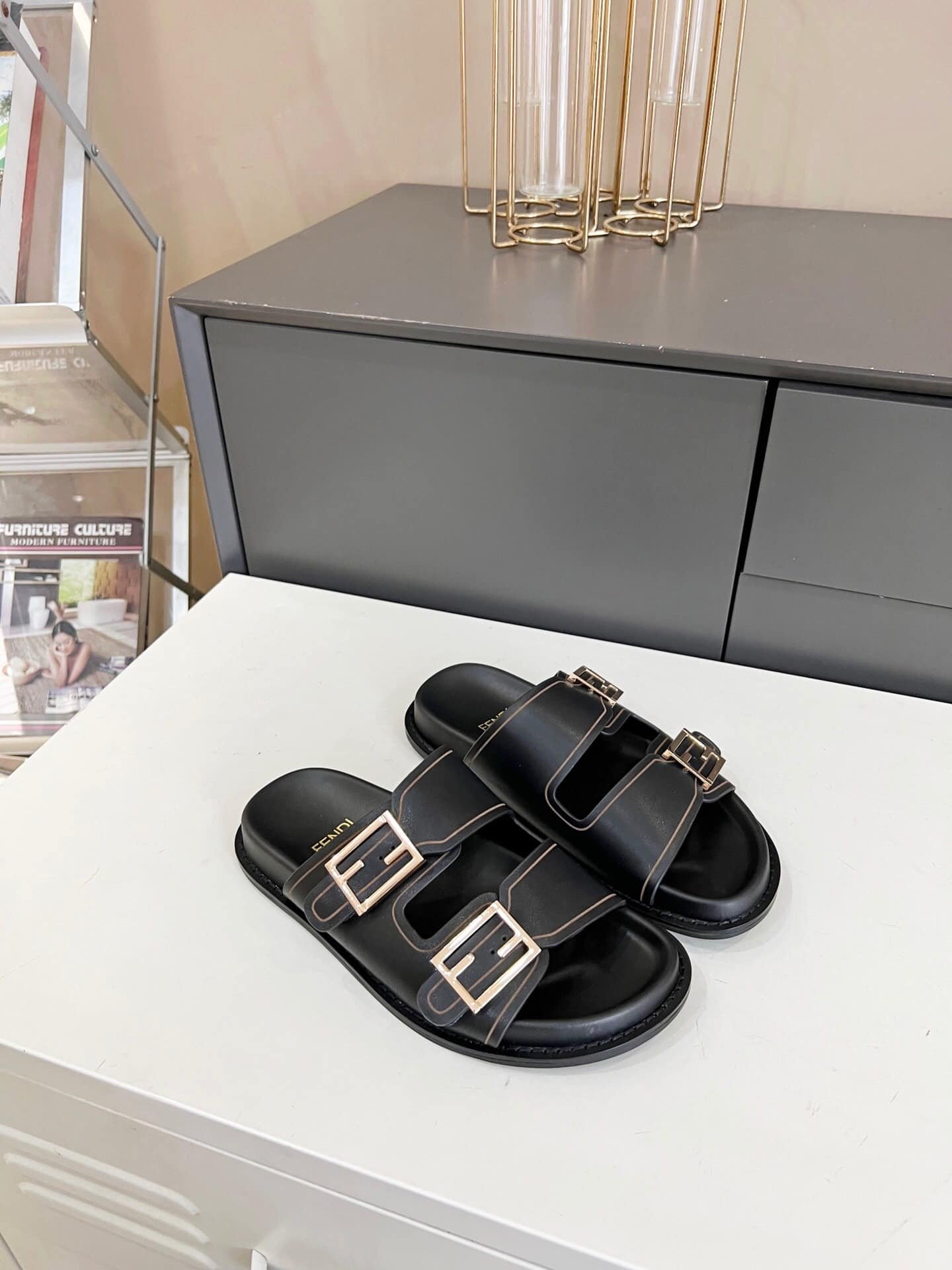F**di Feel Leather Slides Black