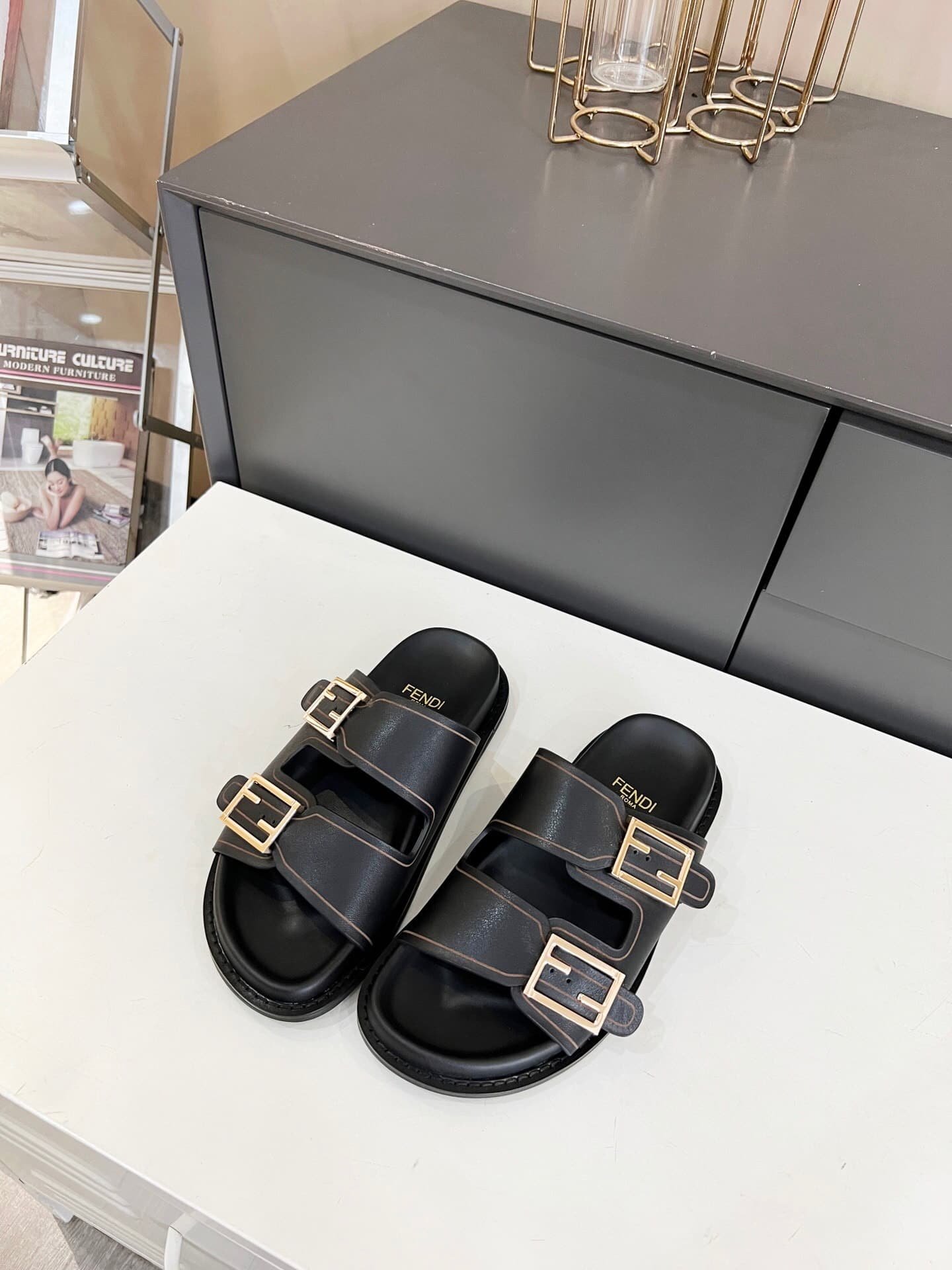 F**di Feel Leather Slides Black