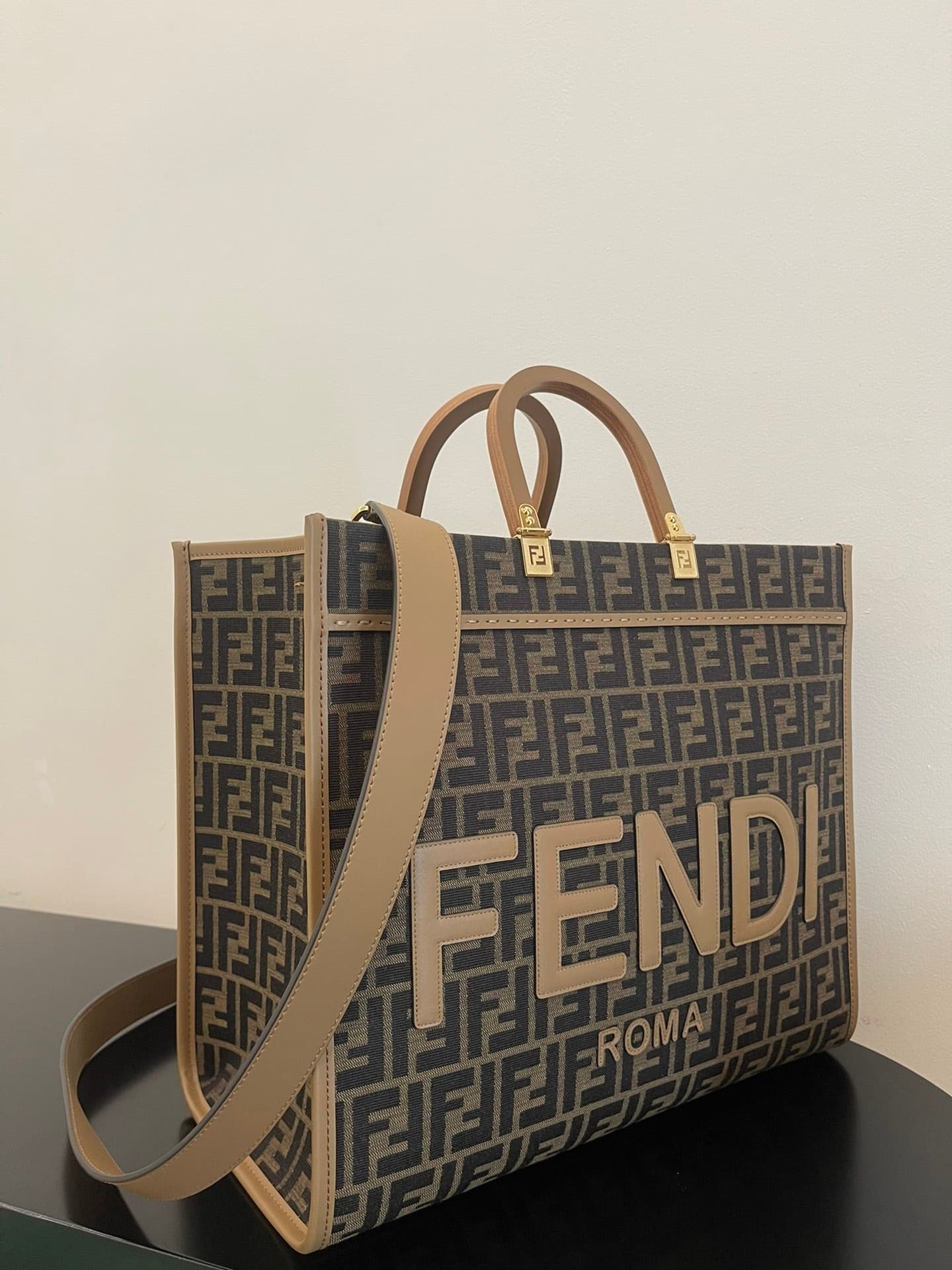 F**di Sunshine Large Light Brown Ff Jacquard Fabric Shopper 35Cm