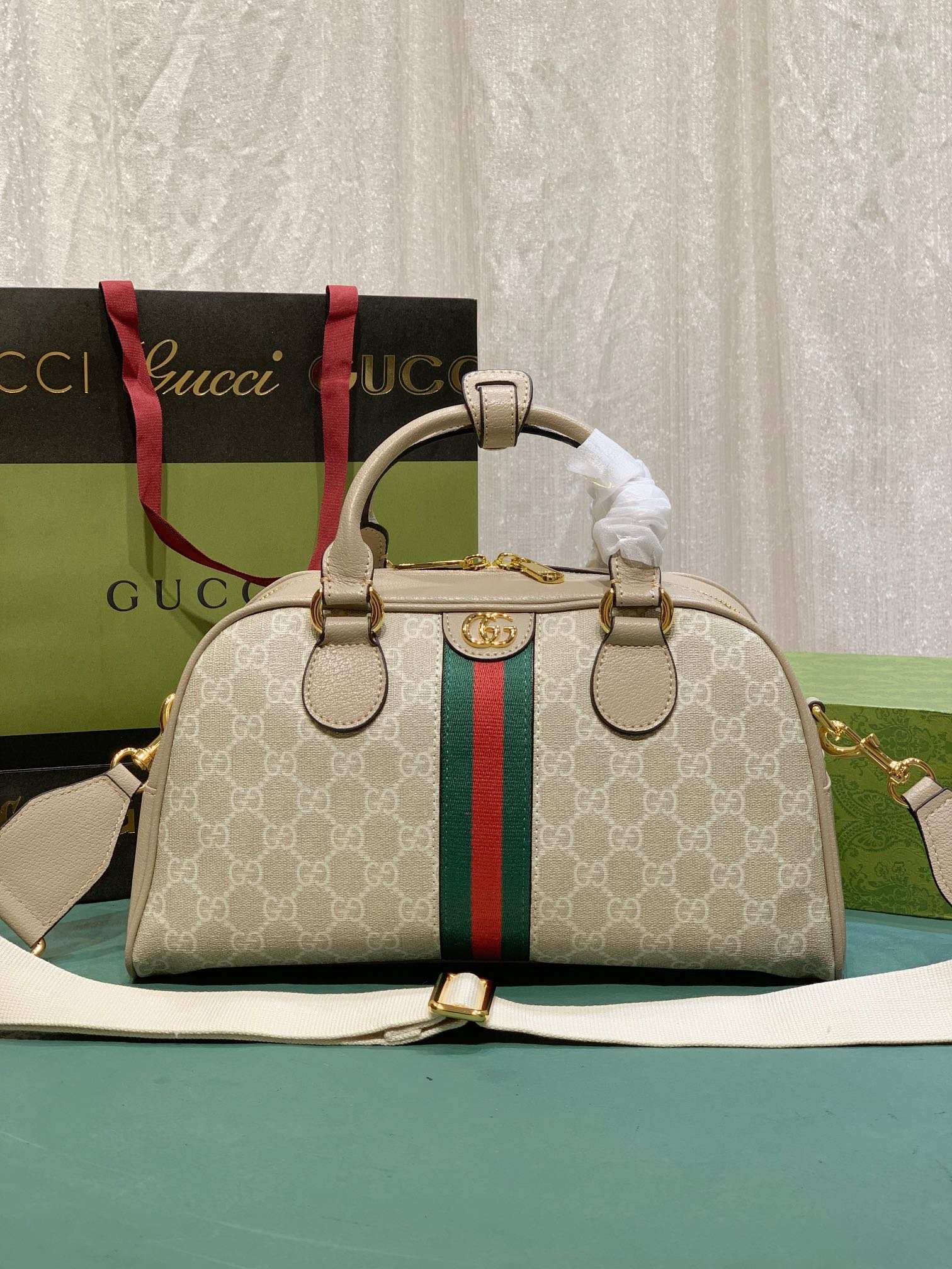 Gvc*1 Women’S Metallic Ophidia Gg Top Handle Bag Beige And White 32Cm 724606 Fabex 9642