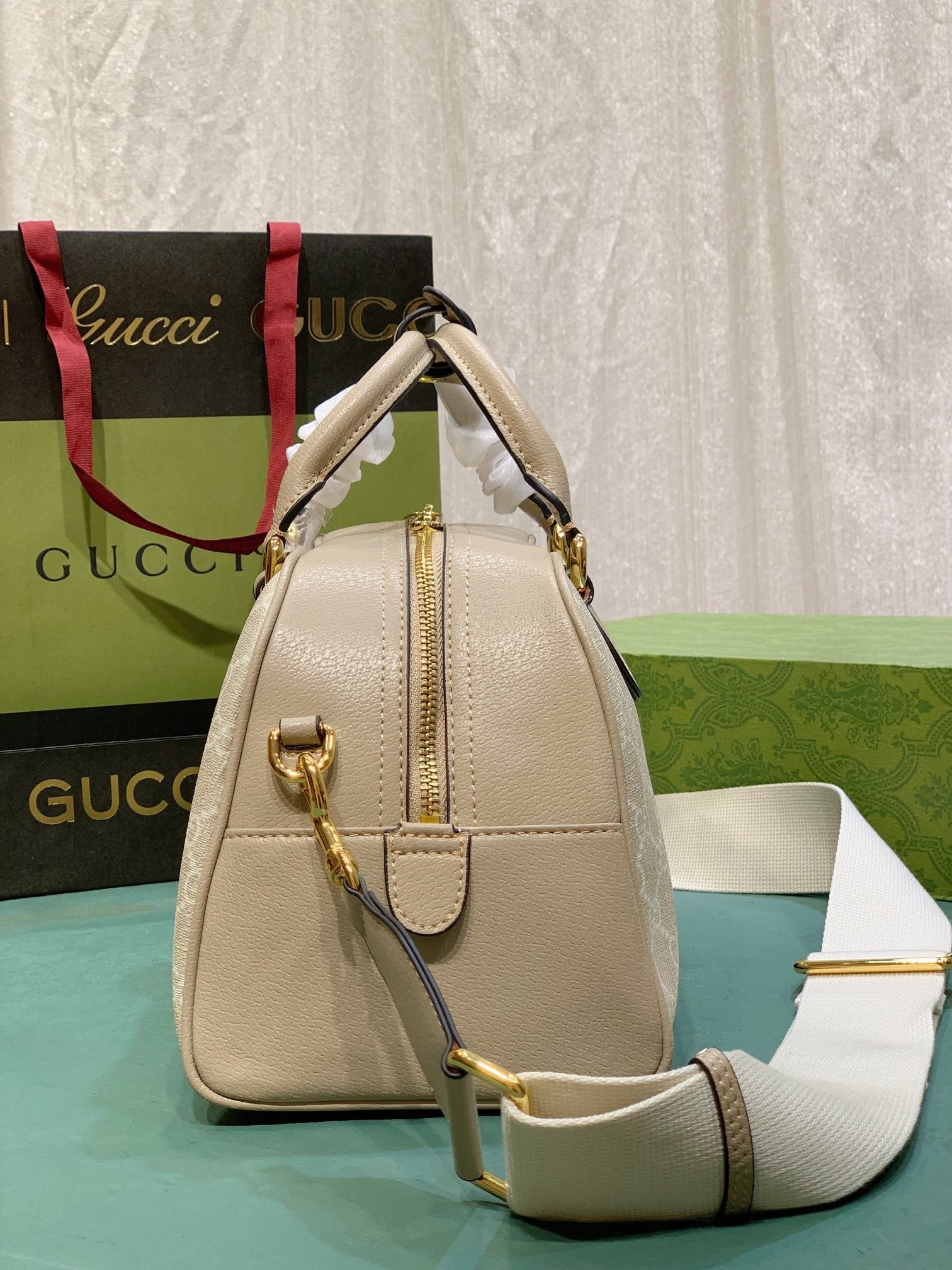 Gvc*1 Women’S Metallic Ophidia Gg Top Handle Bag Beige And White 32Cm 724606 Fabex 9642