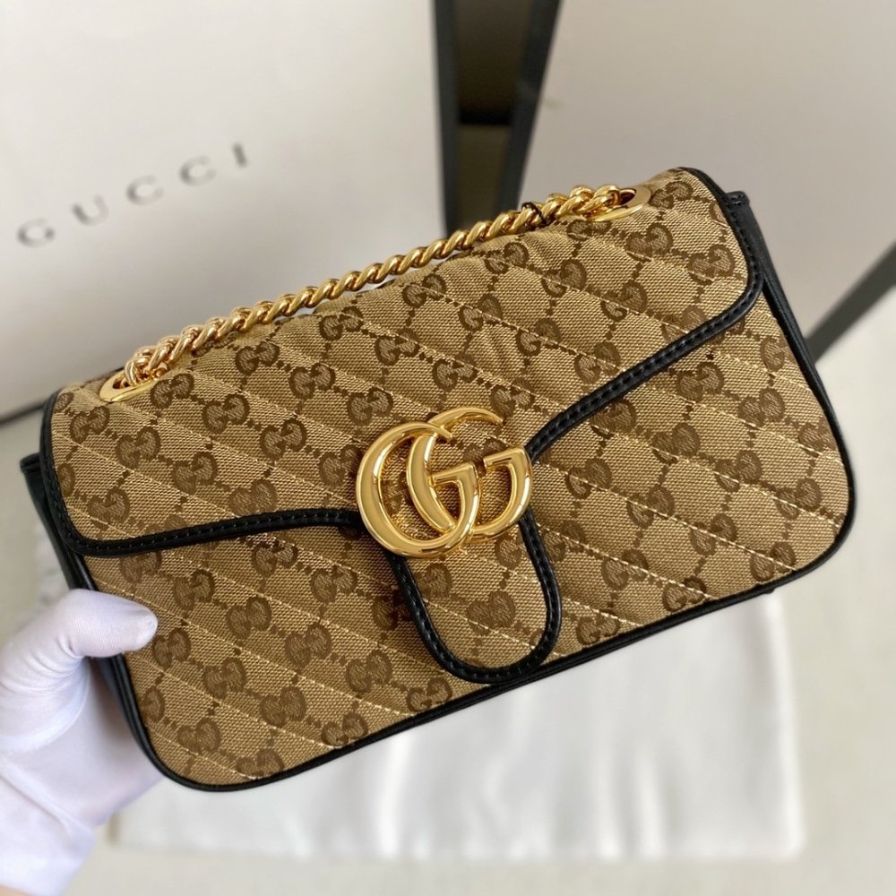 Gvc*1 Gg Marmont Shoulder Bag Beige Black 26Cm 443497 Hvkeg 9772