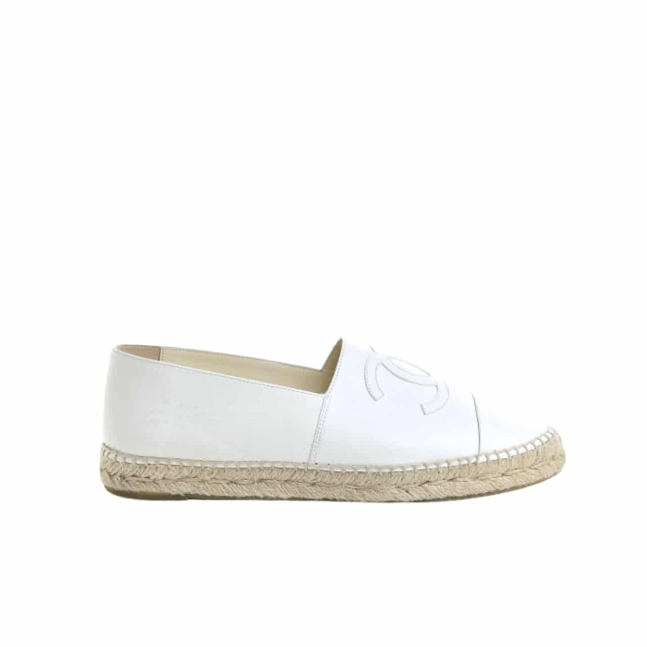 Ch**el Embroidered Espadrille Leather Cap Toe Flats White