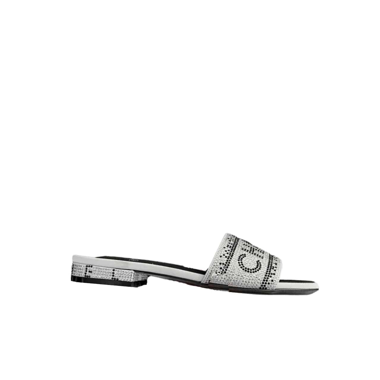 Ch**el 24P Beaded D1am0nd Slippers Silver