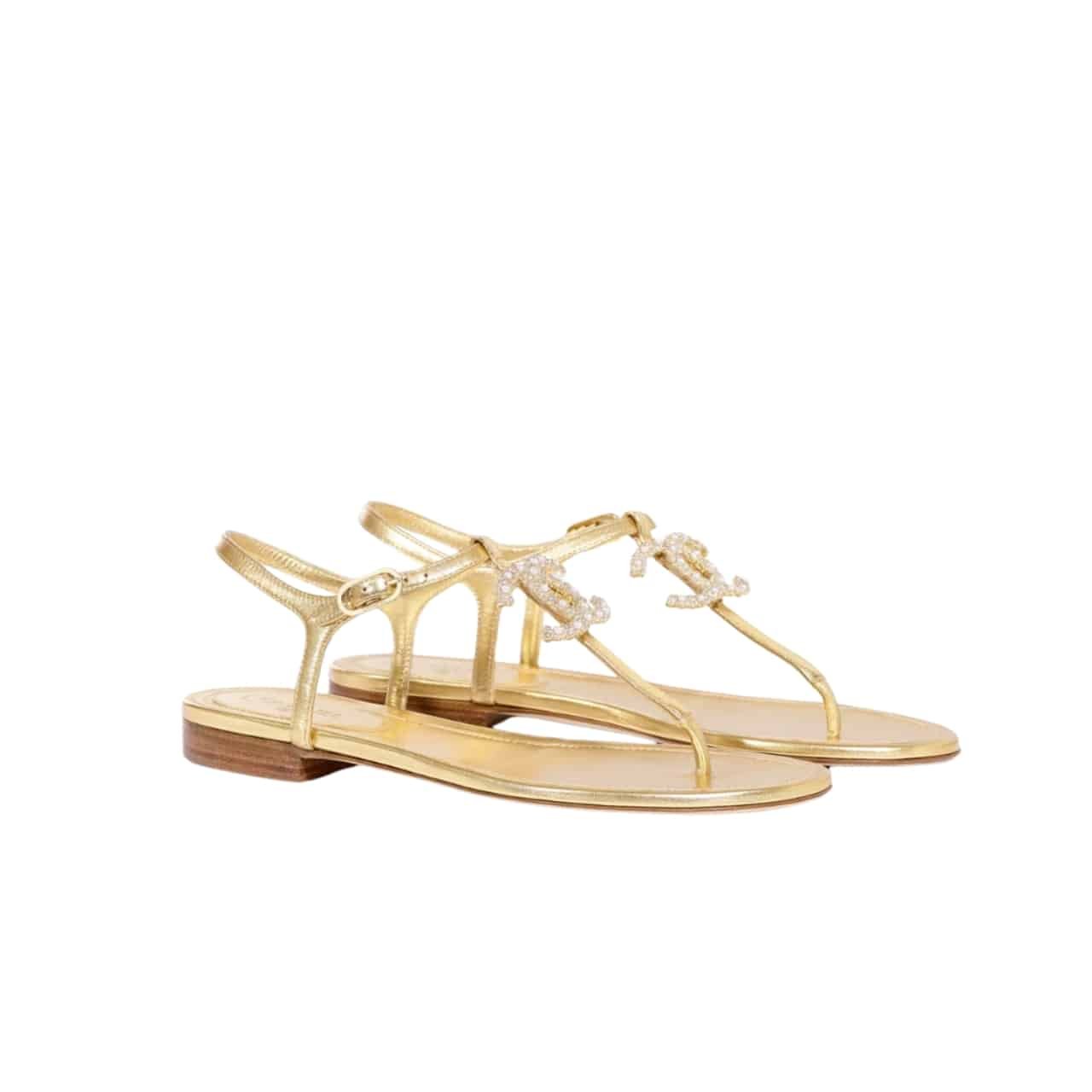 Ch**el Gold Pearl Cc Logo Thong Sandals Golden