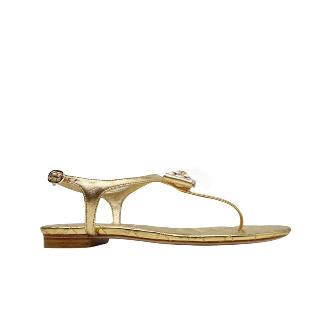 Ch**el Gold Quilted Leather With White Camellia Cc Logo Bow Thong Sandals