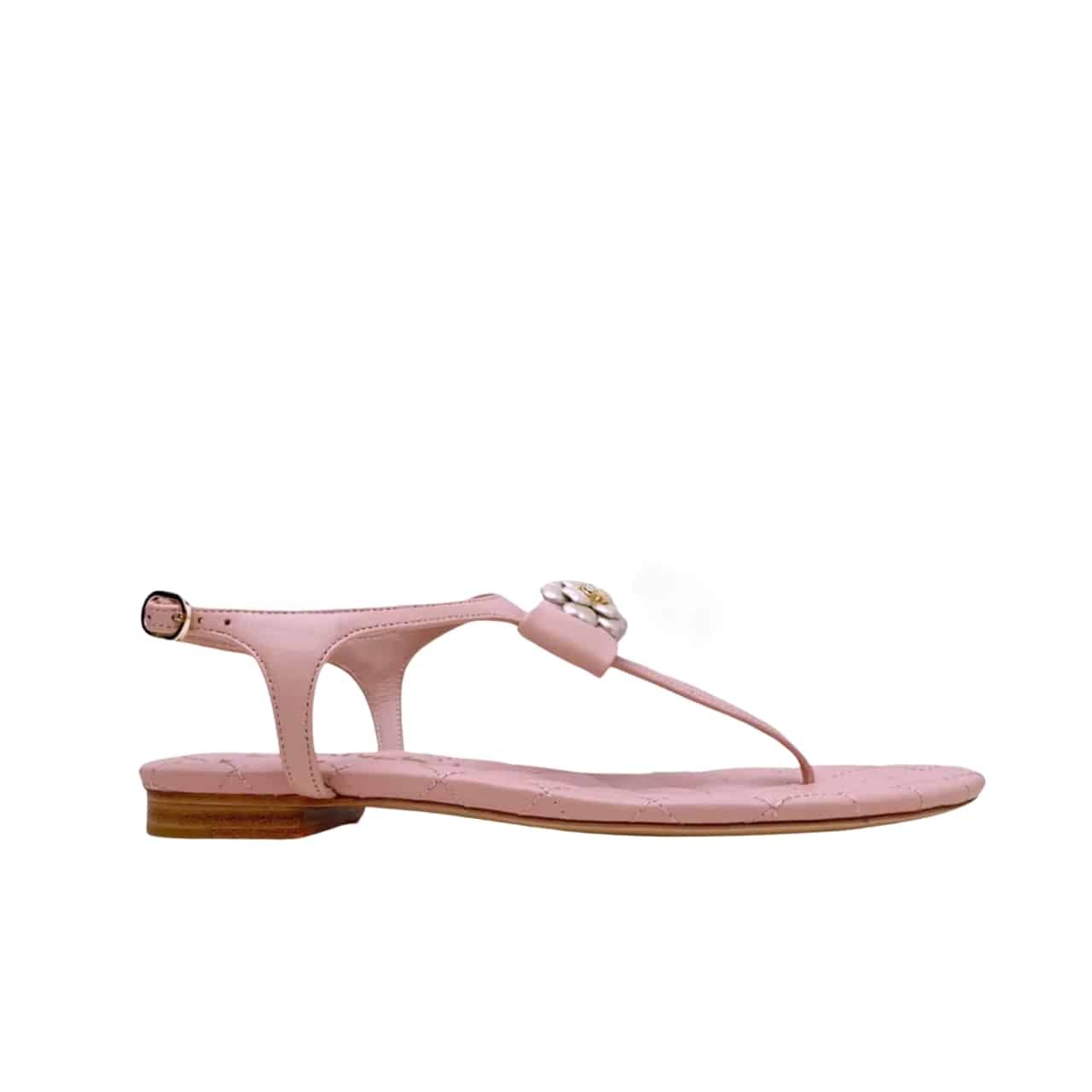 Ch**el Pink Quilted Leather With White Camellia Cc Logo Bow Thong Sandals