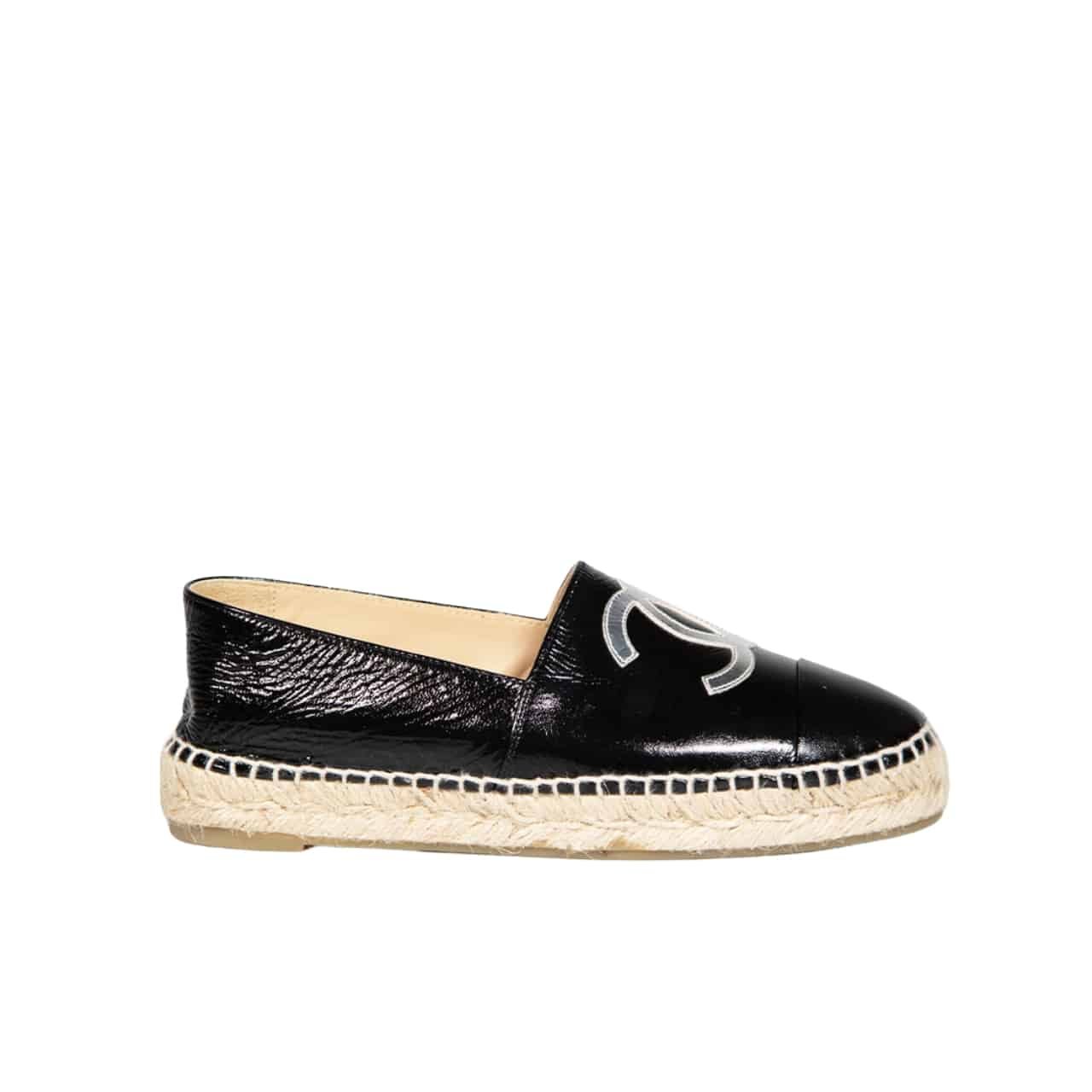 Ch**el Embroidered Espadrille Leather Cap Toe Flats Black Cc