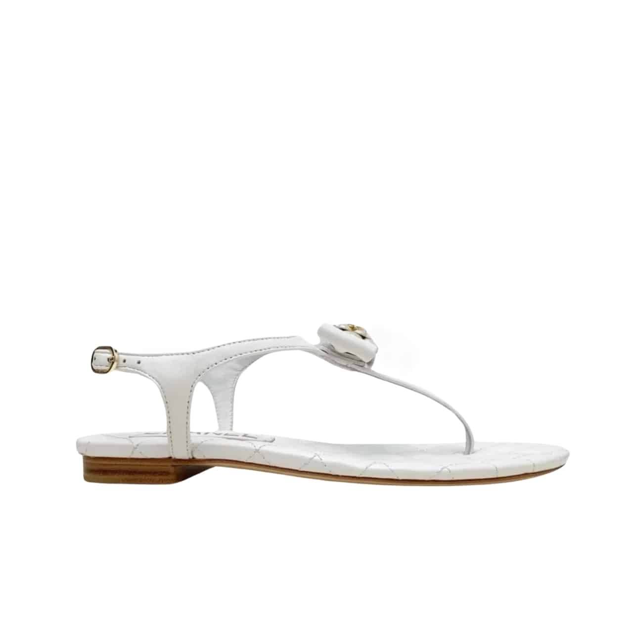 Ch**el White Quilted Leather With White Camellia Cc Logo Bow Thong Sandals