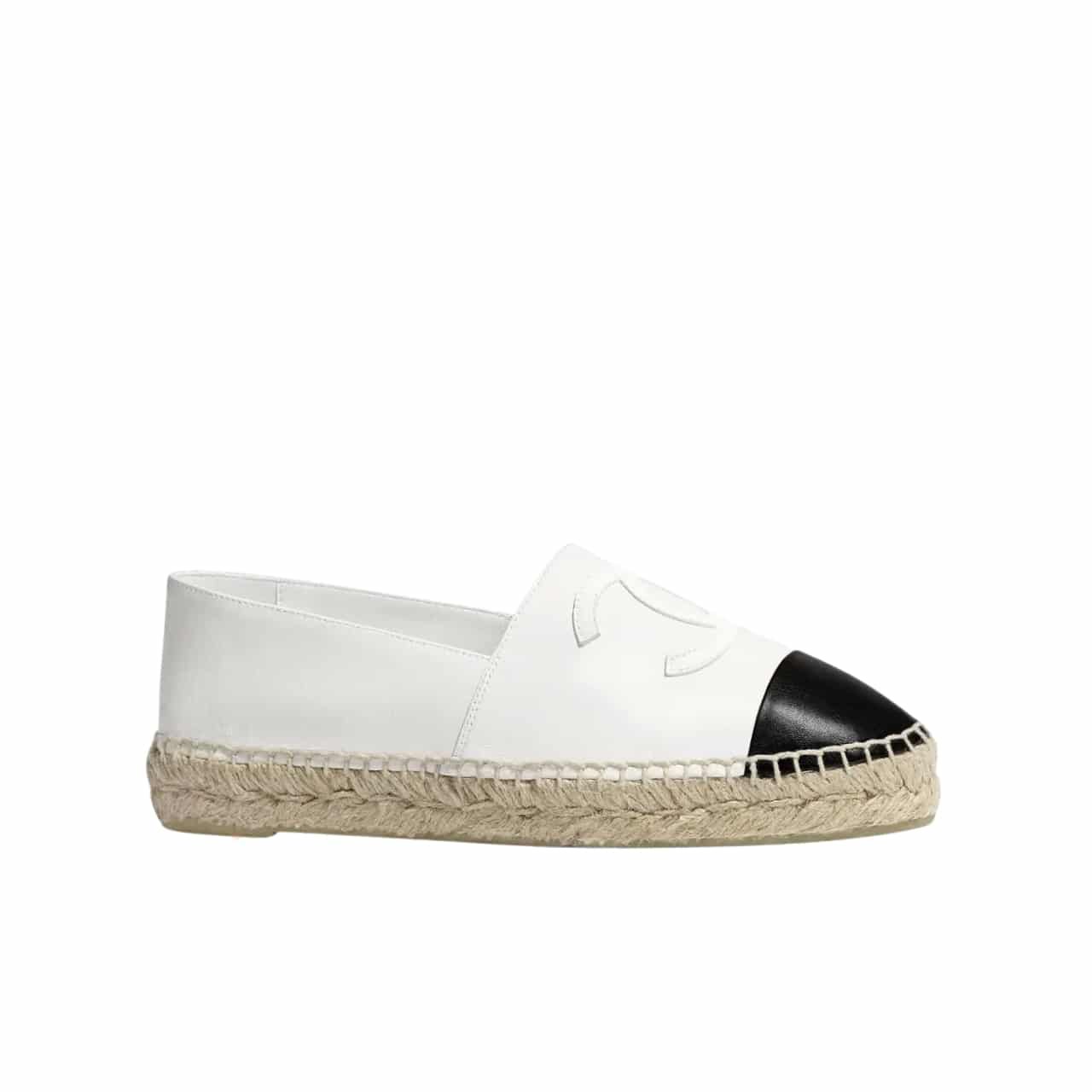 Ch**el Embroidered Espadrille Leather Black Cap Toe Flats White Cc