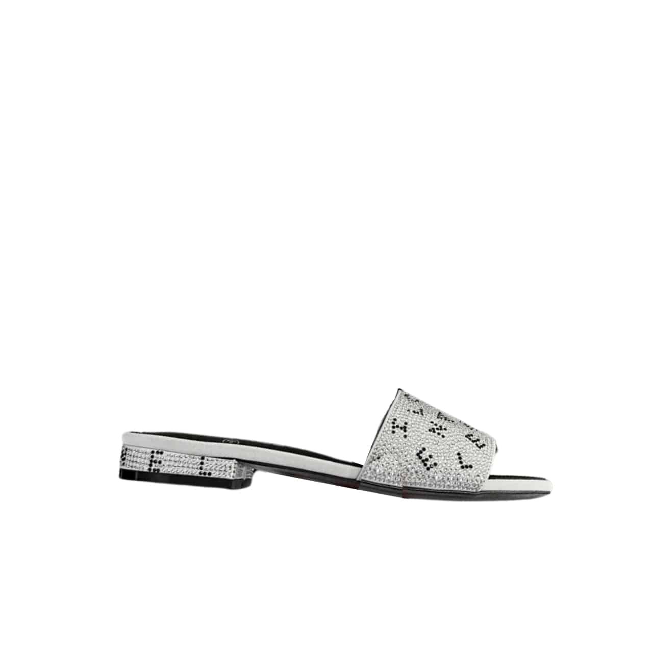 Ch**el 24P Beaded D1am0nd Logo Slippers Silver