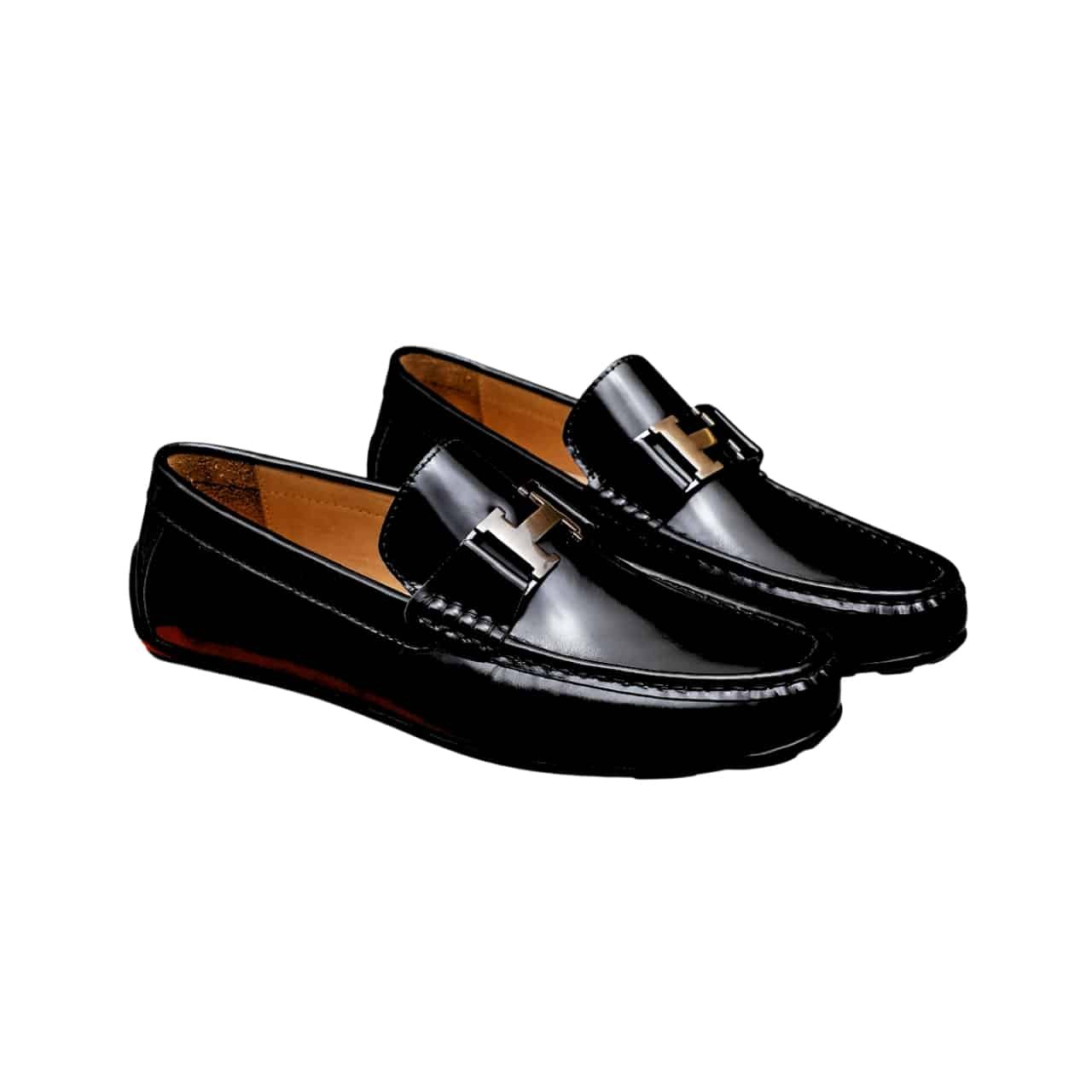 H**me5 Men’S Loafer Moccasin Polish Leather With H Silver In Black