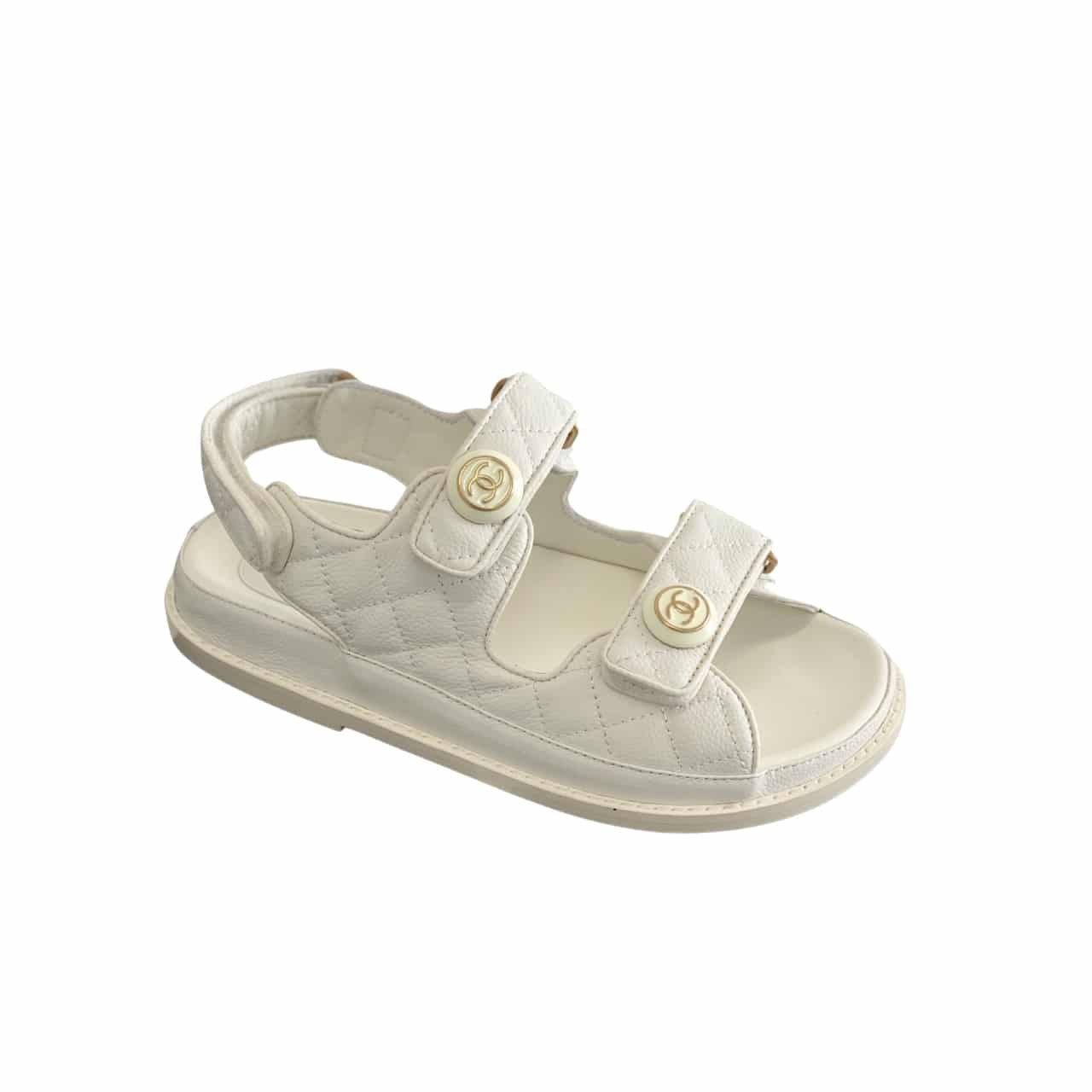 Ch**el Cc Button Velcro White Sandals Grained Calfskin Leather