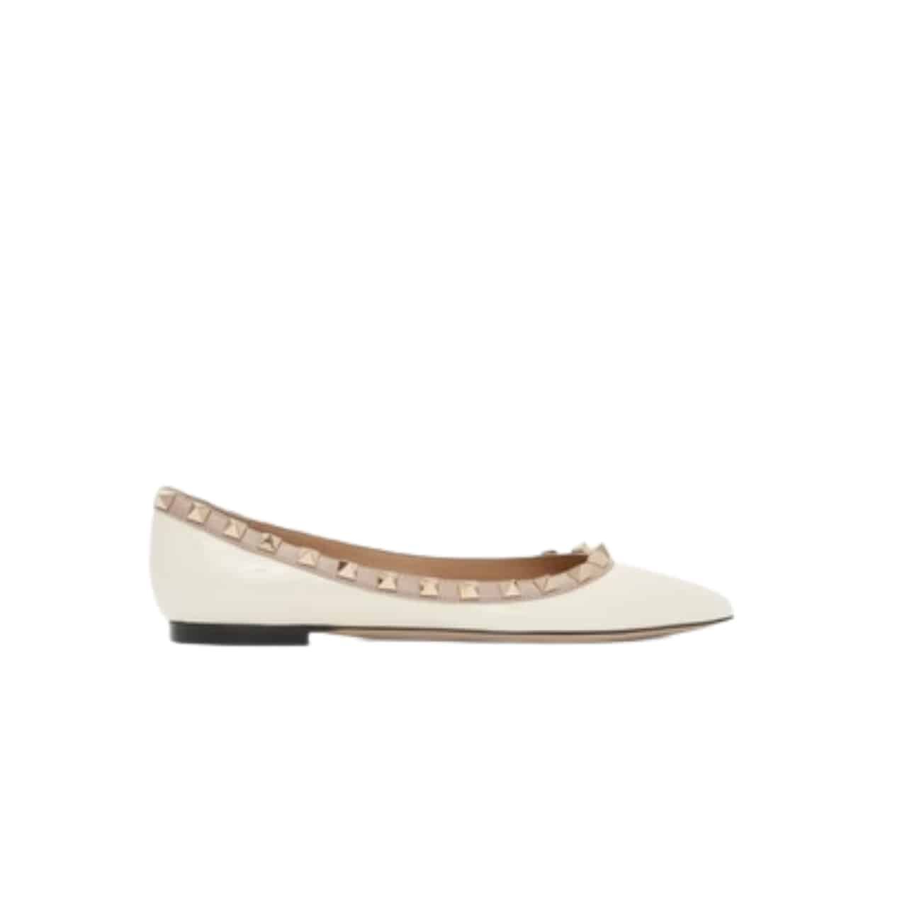 Va1e*ntin0 Patent Rockstud Ballet Flat White
