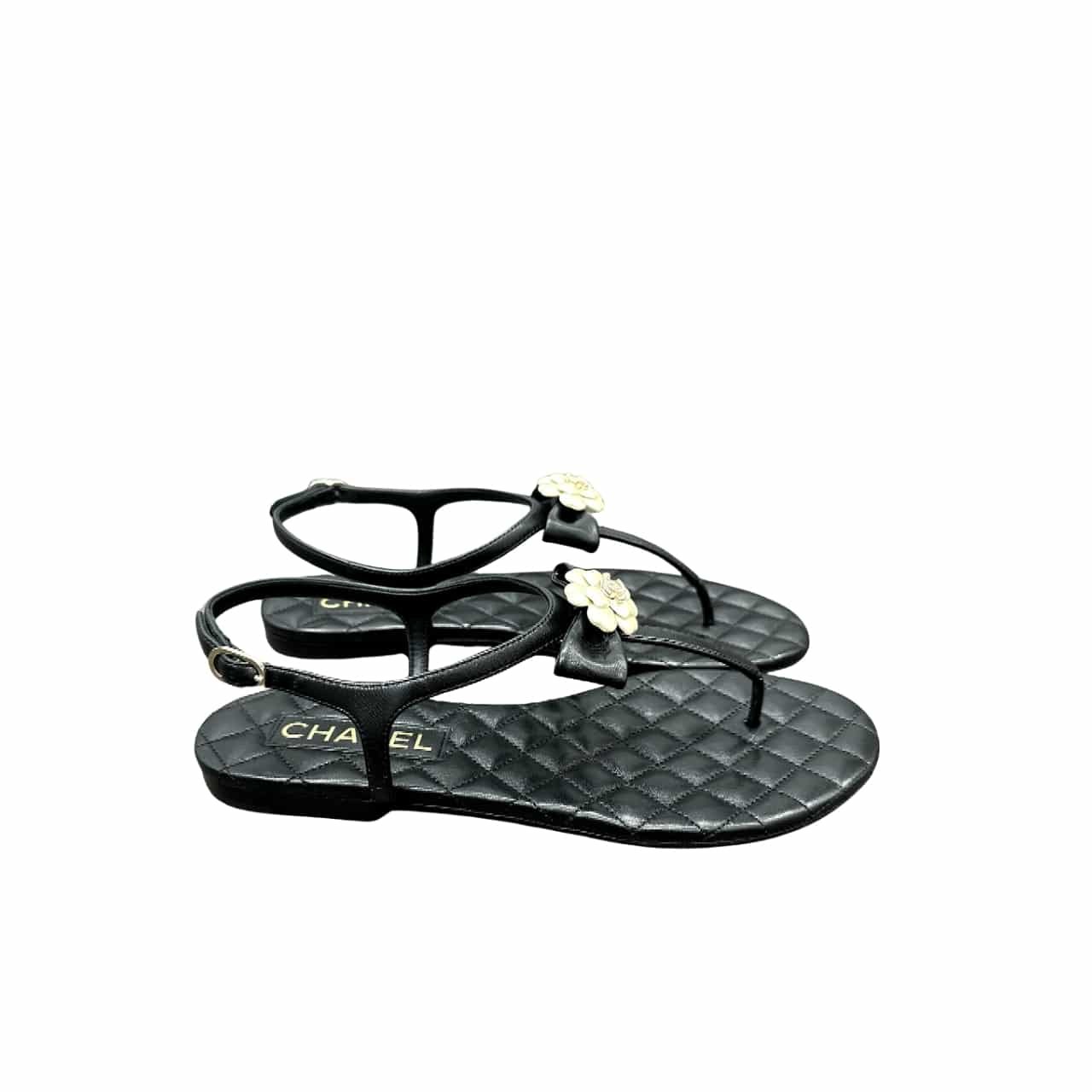 Ch**el Black Quilted Leather With White Camellia Cc Logo Sandals G45258 X01000 94305