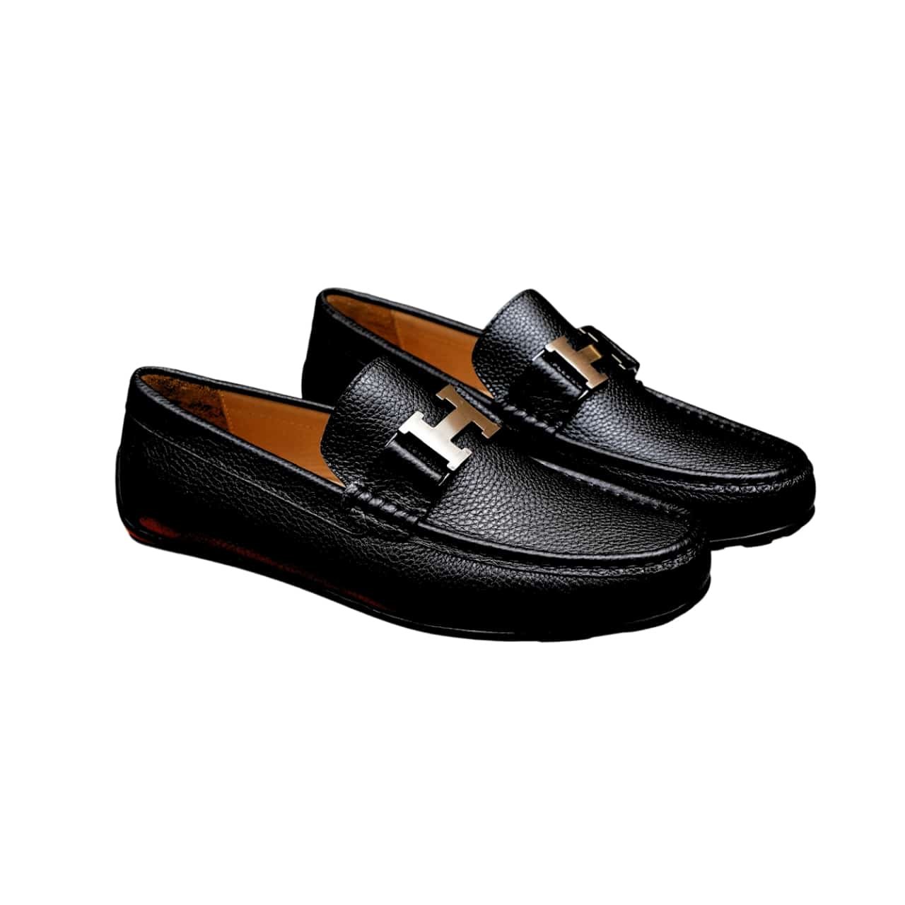 H**me5 Men’S Loafer Moccasin Leather With H Silver Black