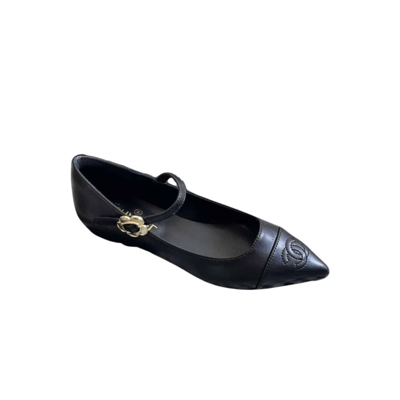 Ch**el Pointed Toe Doll Shoes With Gold Flower In Black