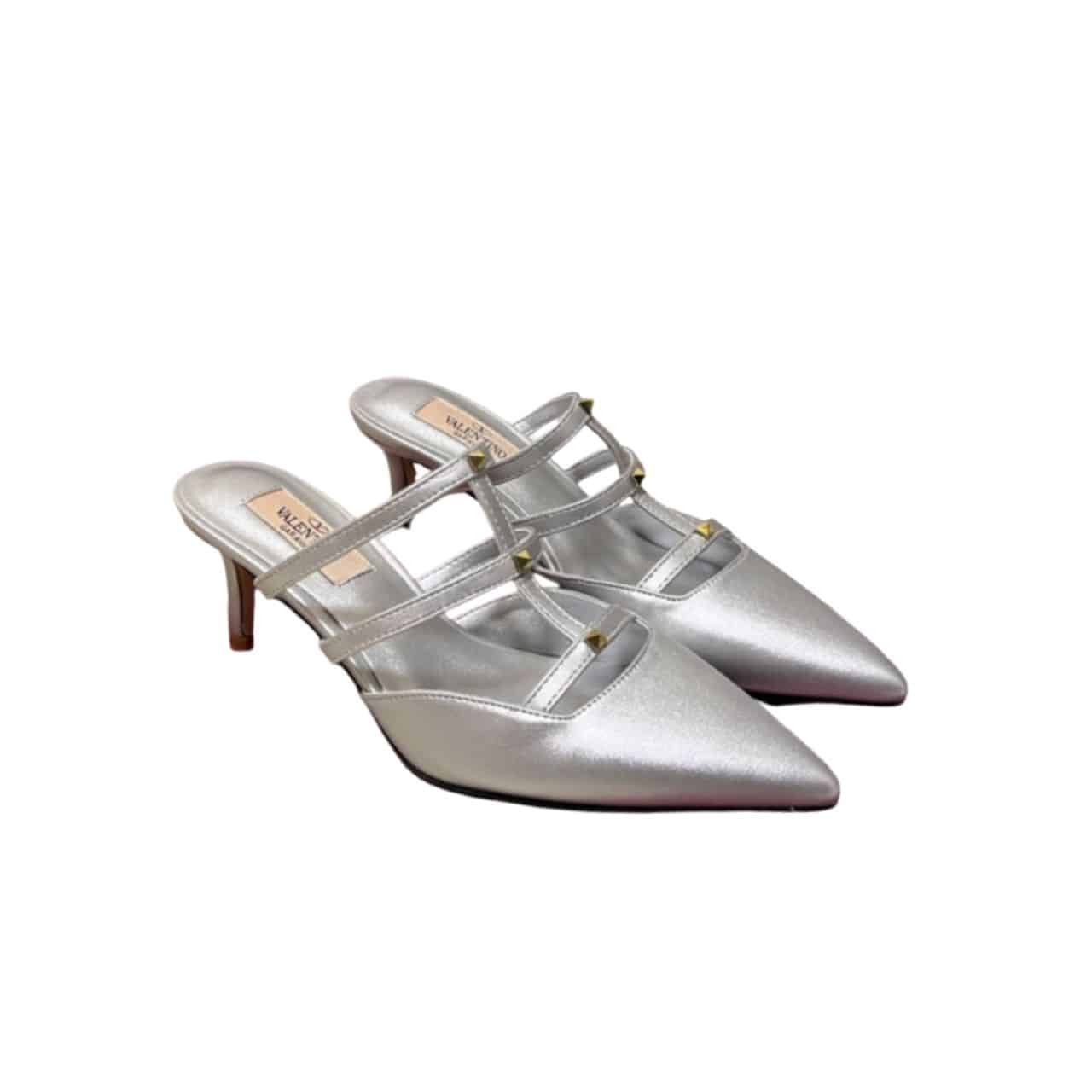 Va1e*ntin0 Garavani Rockstud Wispy Mule In Calfskin Silver