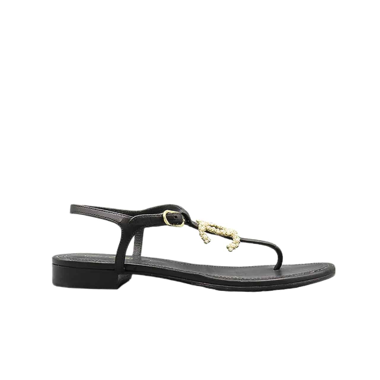 Ch**el Gold Pearl Cc Logo Thong Sandals Black