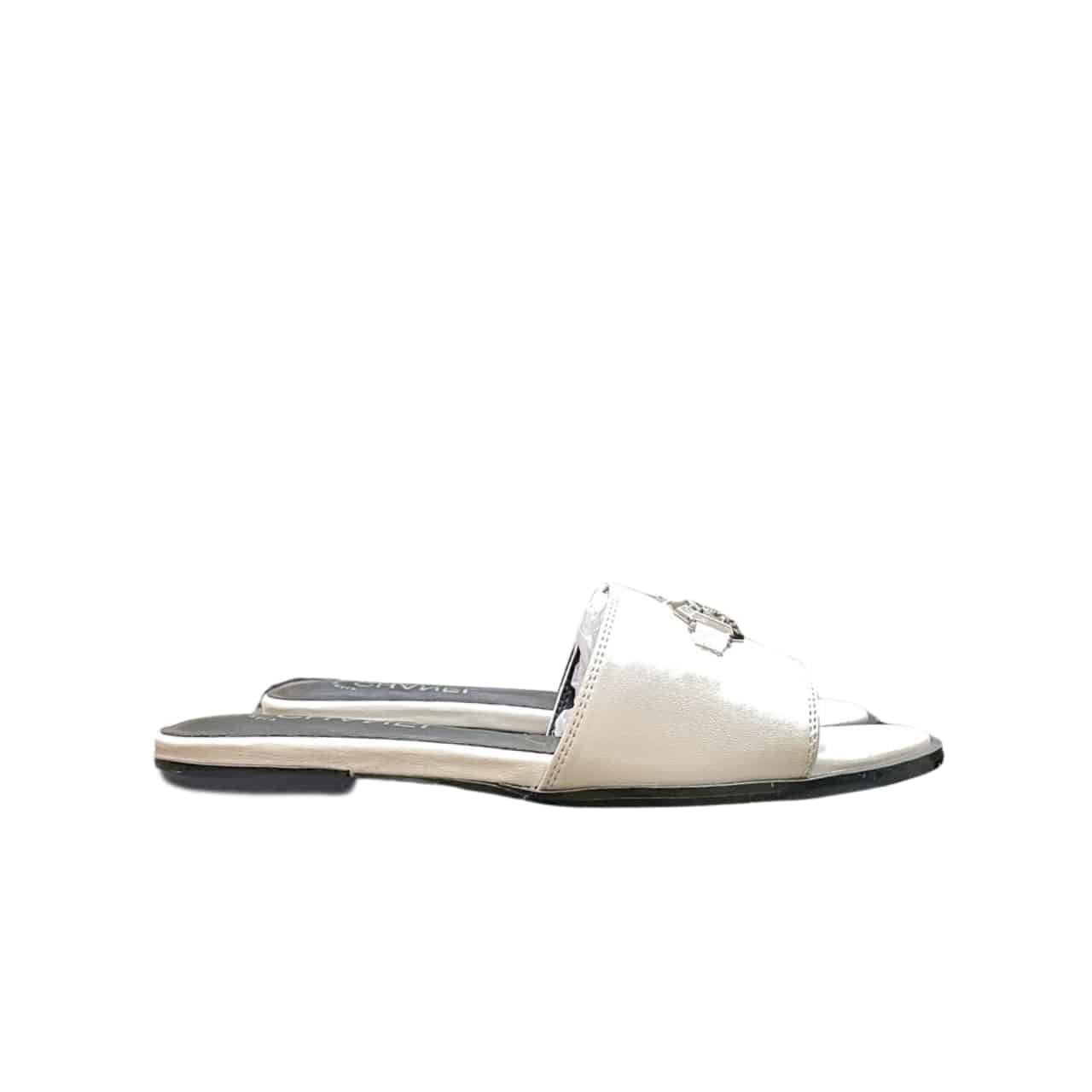 Ch**el Slippers With Cc Silver Hardware White
