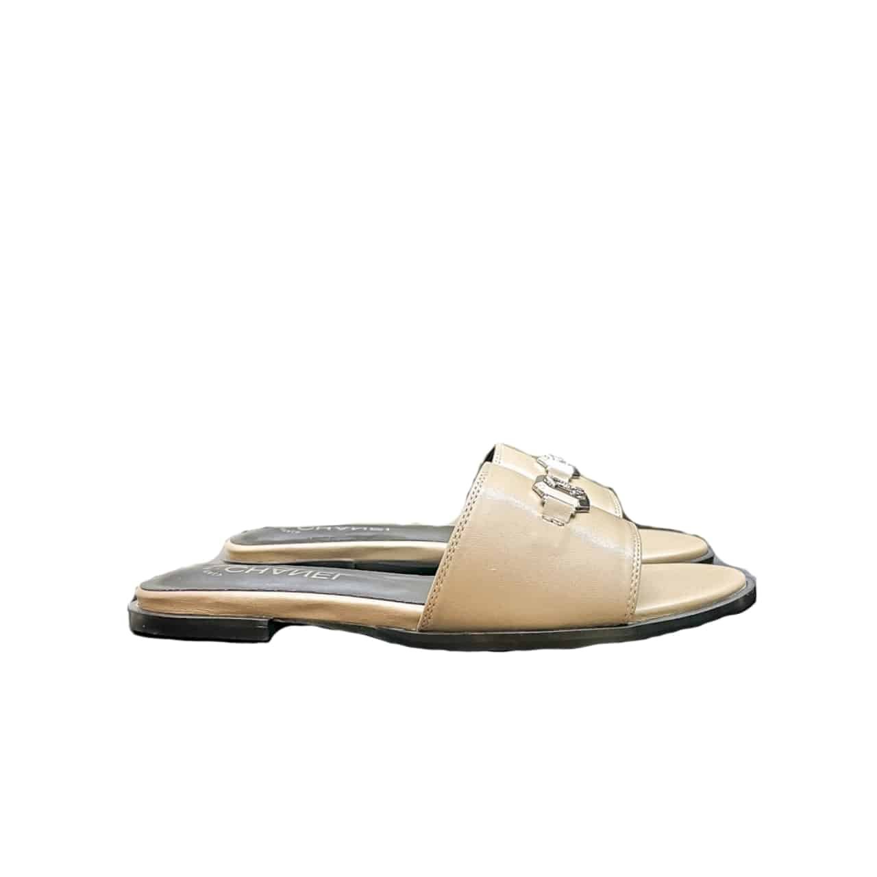 Ch**el Slippers With Cc Silver Hardware Beige